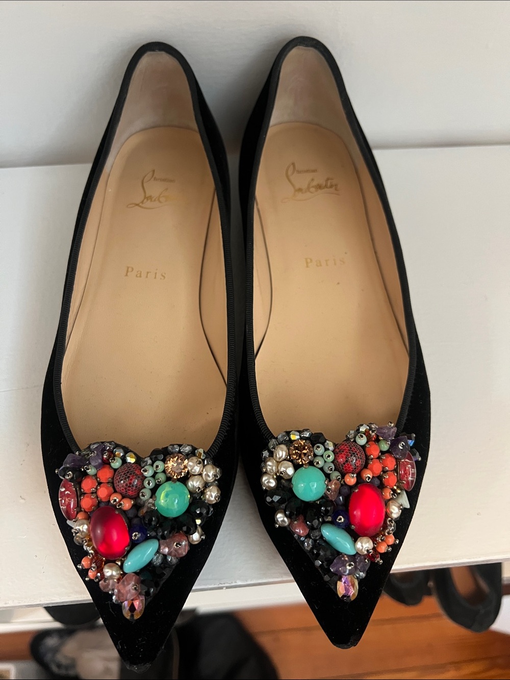 Christian Louboutin Black Velvet Pointed Flats with Multicolor Jewel Cluster